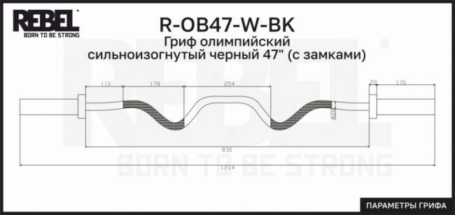 Гриф олимпийский сильноизогнутый черный 47" REBEL R-OB47-W-BK с замками