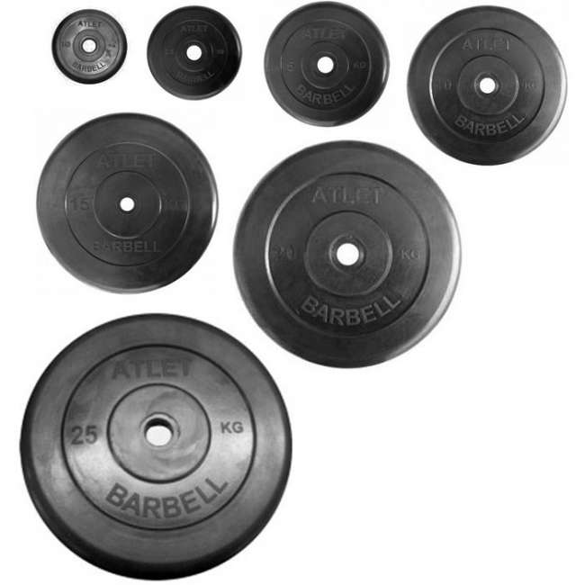 Диски обрезиненные Barbell Atlet 26 мм черные, вес от 1,25 до 25 кг в ассортименте